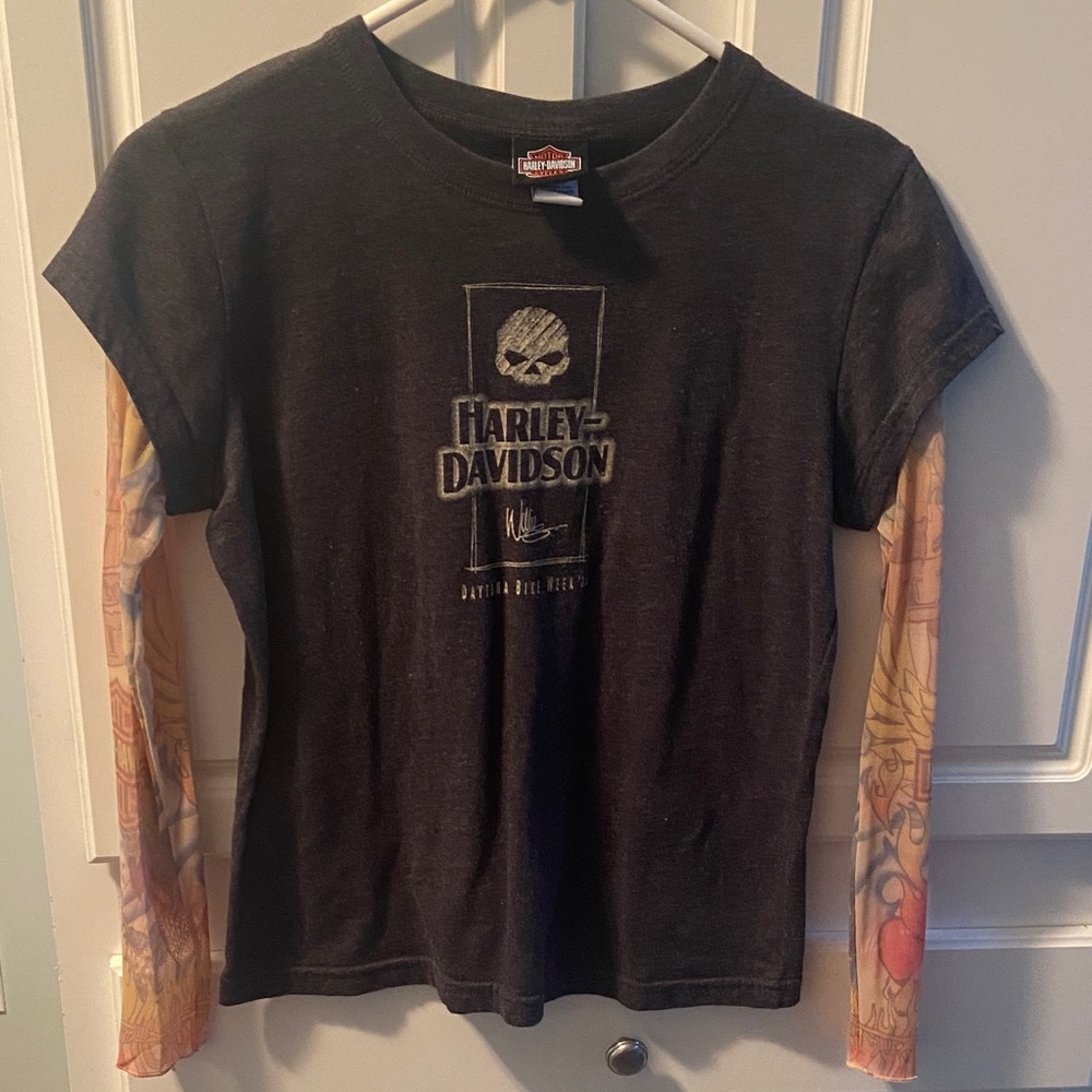 Harley-Davidson Black Tee with Printed Faux Layered Tattoo Sleeves